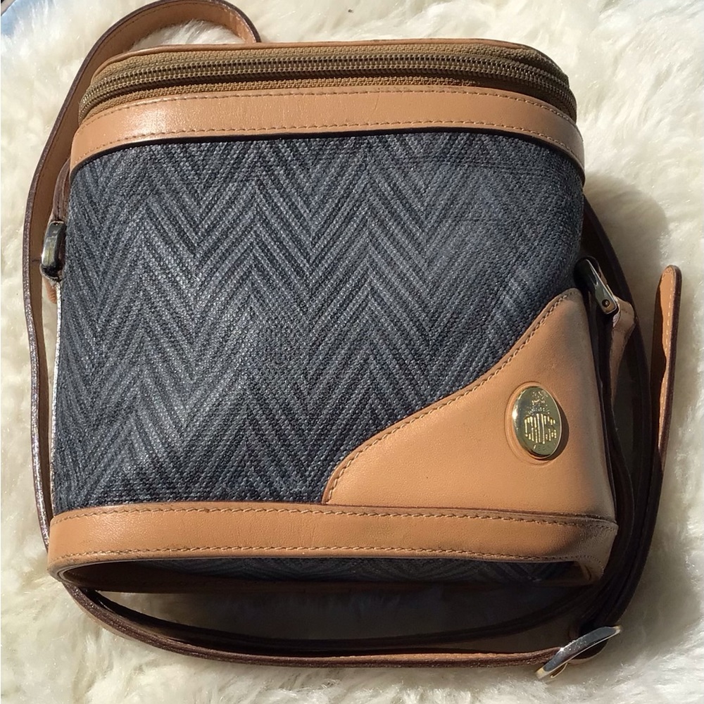 RARE Vintage Mark Cross Leather and Coated Canvas Crossbody Top Zip Handbag